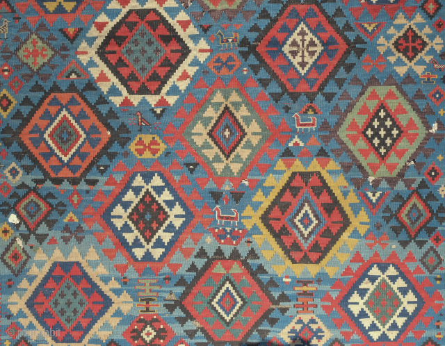 Shirvan kilim, 19th century.  Smaller format.  Paper thin weave.  Animal figures in soumak weave throughout the bottom half of the kilim. It has a couple of holes but otherwise  ...