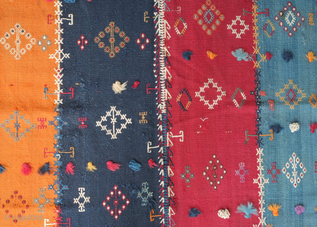 Marash jijim perdeh, 19th century. Fantastic, deeply saturated natural dyes, tufts of goat hair here and there, and overall embellished in a myriad of motifs. 110 x 362 cm