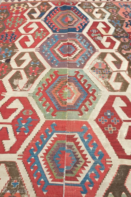 Konya Kilim, Late 18th to Early 19th Century.  It has that old Konya purple and a gorgeous strong green.  The browns are mostly not corroded.  A few areas of  ...