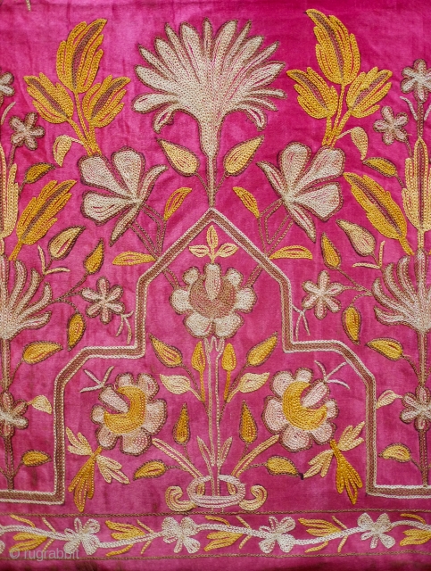 Edirne Bed Valance, 19th Century.  Silk and metallic chain stitch on a silk ground cloth. The design is in a symmetrical floral arrangement reminiscent of Mughal floral designs. The backing is  ...