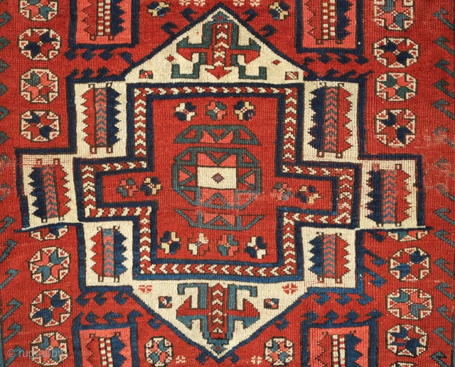 Kozak/Bergama rug, 1850s or so. Great classic design harkening to classical 15th century rugs. This has decent pile and a repair in the border shown in the last image. Light wear in  ...