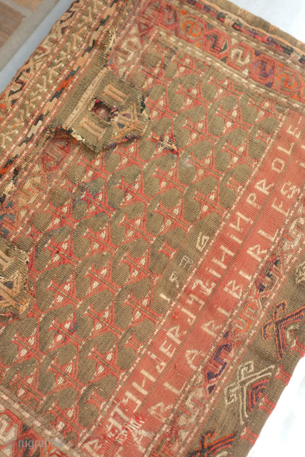 A Turkmen mail/courier or document bag? dated 1936. The date is inscribed on the bottom of the field above an inscription which reads "Butun jer juzinin proletarlari birleşin" which translates into "All ...