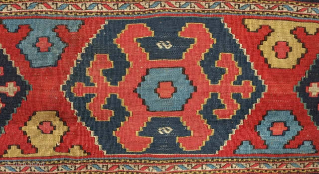 Shahsavan kilim mafrash long panel, 19th century.  Large guls, good colors and great condition. 110 x 60 cm              