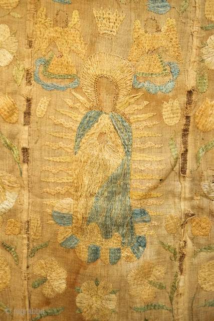 German Church Vestment or Chasuble, 18th Century.  Front and back.  Silk embroidery on linen.  The design depicts two angels flanking the coronation of Mary and the father and Jesus  ...