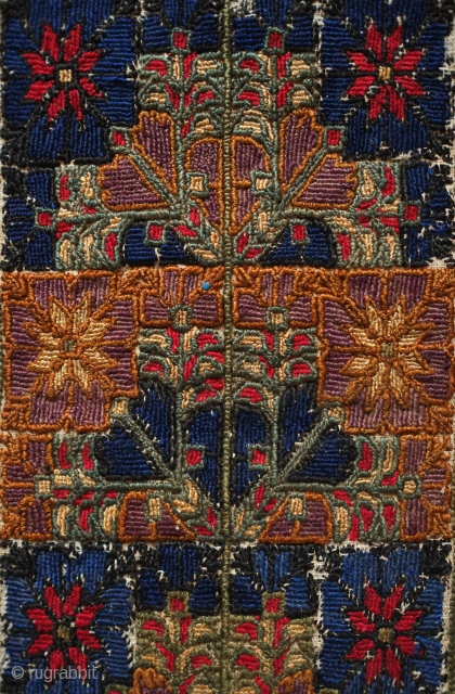 Bethlehem or Ramallah Embroidery Panel, early 20th century.  Thick floss silk embroidery creating a rich and sumptuous effect.  Probably a panel from a dress.  Beautiful floral motifs in vases.  ...