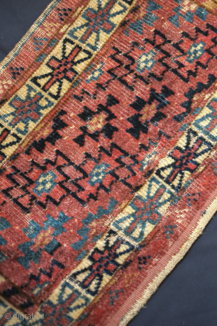 Yomut Turkmen torba, 19th century probably towards the middle.  Archaic drawing and very soft wool.  Some moth nibbles in a couple of areas but otherwise in good condition. 59 x  ...