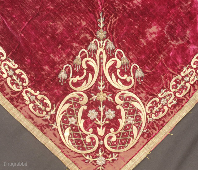 Istanbul bindalli silk velvet bohcha, 19th century.  The ground is in a purple violet red cochineal hued silk velvet over embroidered in metallic thread.  The embroidery work is of the  ...