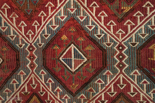 Adana-Taurus Mountain area jijim, 19th century. Good colors with a bit of metallic thread in a small section on the left side.  77 x 78 cm.      
