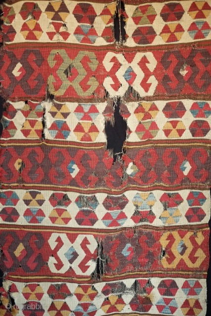 Central Anatolian Banded Kilim, Konya or Cappadocia. Late 18th Century to early 19th.  The colors are all there in their finest incarnations.  Seven colors including white and brown.  It  ...