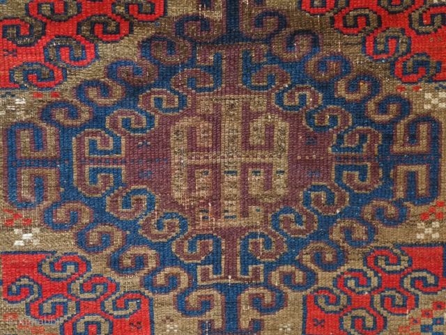 Timuri Baluch rug.  Good age at around 1870s.  Wonderful star-like medallion border.  A small section missing as shown in the 9th image.  86 x 146 cm   