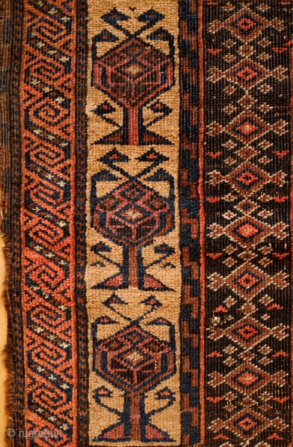Baluch Prayer Rug with Salor Turkmen designs, 3rd quarter of the 19th Century.  Incredibly fine.  Silk highlights in the Salor designs in the main field.  Parts of the kilim  ...