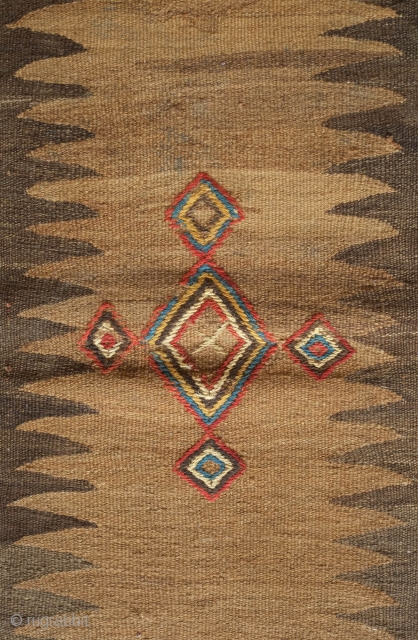 Kordi Runner Kilim, 1900 or so.  Finger-like serrations along the inner field with a stiking extra-weft pendant in the center in natural dyes.  The border is also in extra-weft wrapping  ...