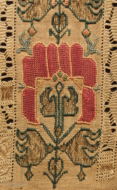 Ottoman peshkir or yaglik end panel, mid to early 19th century, possibly older.  Silk and metallic thread embroidery on linen.  Lacework between the embroidered bands.  The alternating direction of  ...