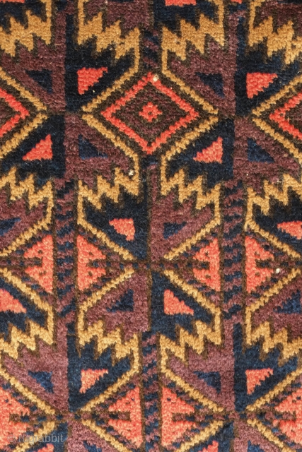 Baluch rug, late 19th/early 20th century.  Excellent colors and shine.  High pile. 
A couple of small areas of damage shown in the last two images.  102 x 170 cm 