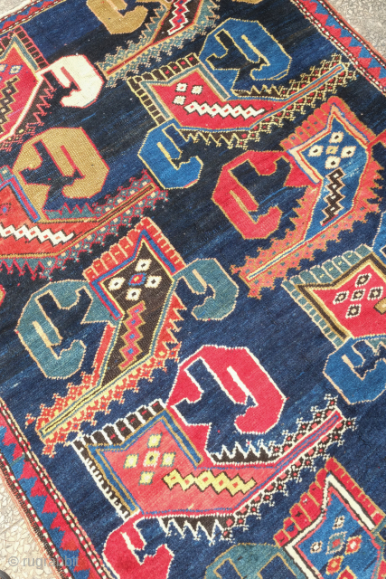 Genje Caucasian rug, late 19th century or 1900 or so.  Wonderful Goradis flower calyx motif field.  Overall good pile with some lower pile in the second leaf from the top  ...