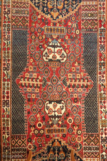 Lori or Qashqa'i Rug, possibly Kashkuli, Late 19th/early 20th Century. Wonderful garden design. All good colors on a coarse weave. Grey warps. There is a small repair which can be seen in  ...