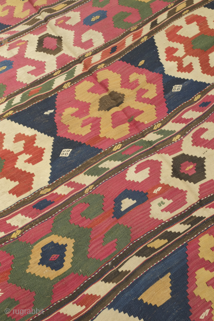 Borchalu Kazak kilim, 19th century. Fantastic saturated colors, braided ends and jijim work throughout. Near perfect condition with the exception of a small hole shown in the second to last image. ...