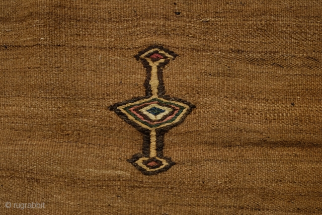 Shiraz area Sofreh, 1900 or so.  Camel wool ground and rich green stripes.  Simple but rare from a small weaving group.    124 x 129 cm.    ...