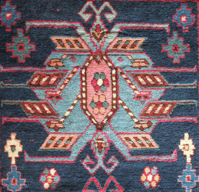 Talish long rug, 19th century.  Fantastic colors. Eagle medallions on a deep indigo ground.  Striking border in a colorful array of stepped medallions. Contains around nine colors.  A few  ...