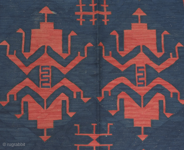Avar-Davaghin Daghestan kilim, 19th century. Deeply saturated colors.  Zoomorphic dragon motifs in the deep indigo field with a small bird between two of the dragons shown in the fourth image --  ...