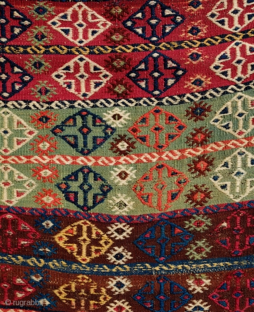Malatya Kilim, 19th Century.  Fantastic colors.  It has a small hole in one of the ends obscursed by the end braiding otherwise in great condition.  70 x 274 cm.  ...