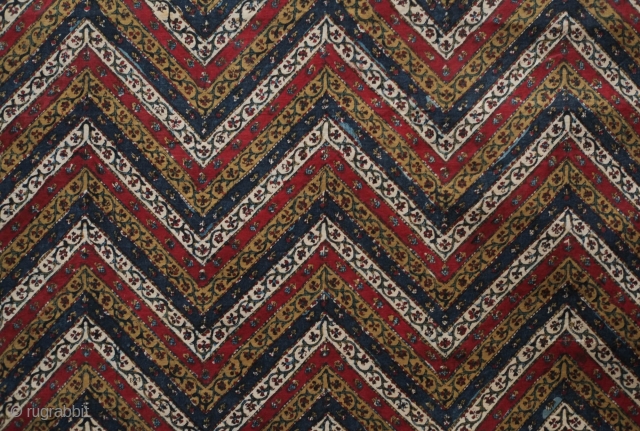 Kalamkar, 4th Quarter of 19th Century, Persian.  Wonderful evocative zigzag design.  Fine blockprinting.  Attention to detail in the kalamkar border on the back side.  Silk backing.  88  ...