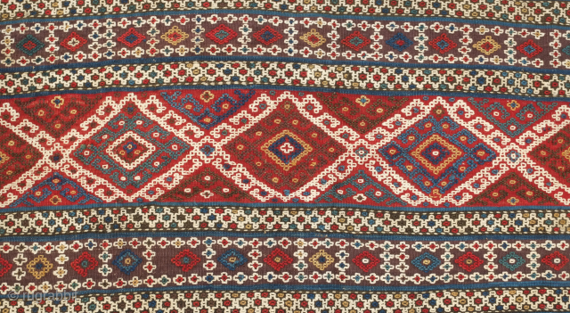 Borchalo Kilim, 19th century. Embroidered motifs all over. Its colors are wonderful deeply saturated natural dyes. Some of the bands are in a very deep purple. 155 x 233 cm danauger@tribalgardenrugs.com  