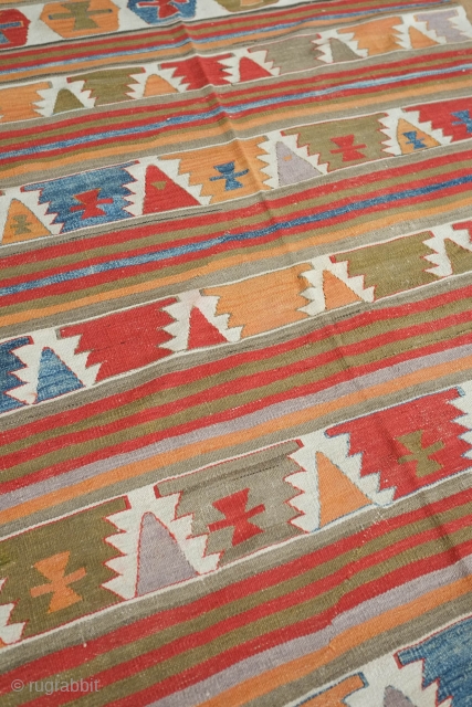 Sivrihisar Kilim, roughly mid-19th century.  Wonderdfully mellowed and balanced colors with a beautiful apricot and light purple.  Six to seven colors were used in this kilim. Design variation increases as  ...