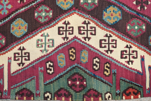 Reyhanli-Malatya long kilim, one side only. Fourth quarter of 19th century. Vivid colors, great condition and full of bold minor graphics.  Small hole in the last image.   400 X  ...