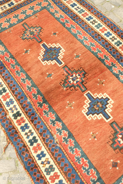 Karabagh rug, around 1850s, In Kazak-like design scheme. It has a meaty pile and a sparsely populated ground. A few spots here and there that need some repair along with the selvedges.  ...