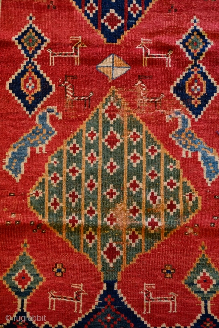 Kazak Rug 3rd to 4th Quarter of the 19th Century.  It has an exceptional and unique Yazd ikat design with cypress trees and birds on either side guarding them.  It  ...