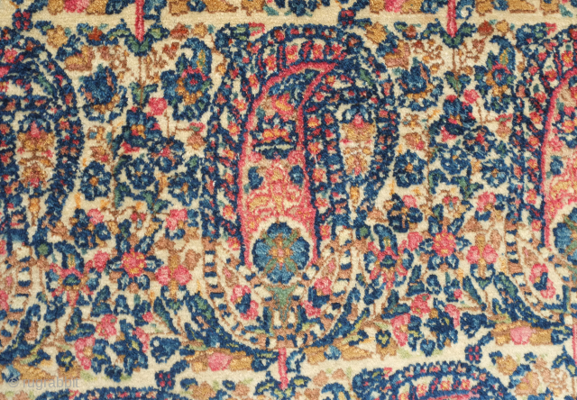 Kerman rug, 19th century.  This rug has the usual sumptuously soft wool of Kerman rugs of this type in an overall boteh design scheme. Wonderful colors and details. 153 x 234  ...