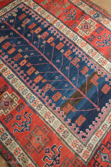 Kurdish rug with tree of life design, 19th century.  This Anatolian Kurdish rug is probably from the Sivas area. Deep indigo in the ground. The border is populated with unique geometric  ...
