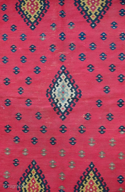 Sarkoy/Pirot Kilim, Late 19th Century to 1900 or so.  Beautiful poised composition like a ripple in a lake from the central medallion.  All good colors.  105 x 156 cm 