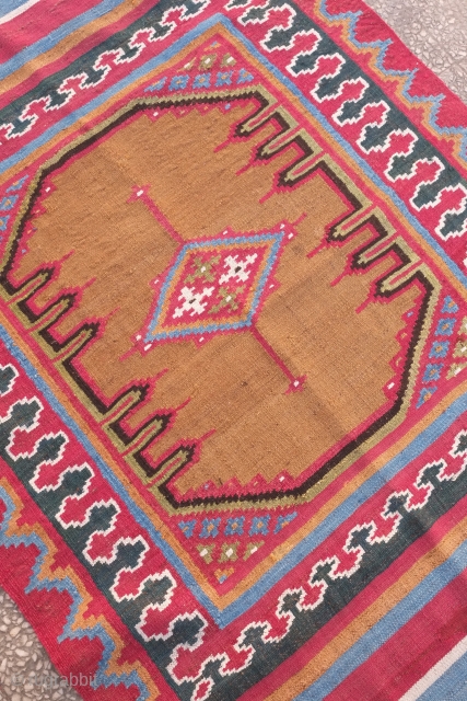 Shushtar Bakhtiyari kilim, 19th century.  Camel wool ground.  Very floppy, fine feel. Wonderful colors.  Unusual size.  91 x 137 cm         