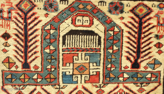 Marasali prayer, 19th century. A wonderful collection of motifs in the mihrab area. Soft wool. A repair in the bottom left corner. 85 x 156 cm. Contact danauger@tribalgardenrugs.com     