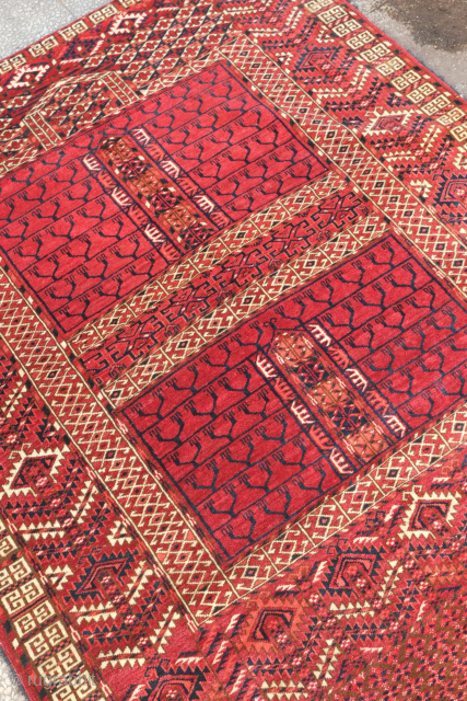 Tekke Engsi, 19th century.  Deep, rich red ground topped with a mihrab.  Soft, full pile.  Slight wear shown in last image (pile is full but there is some loosening  ...