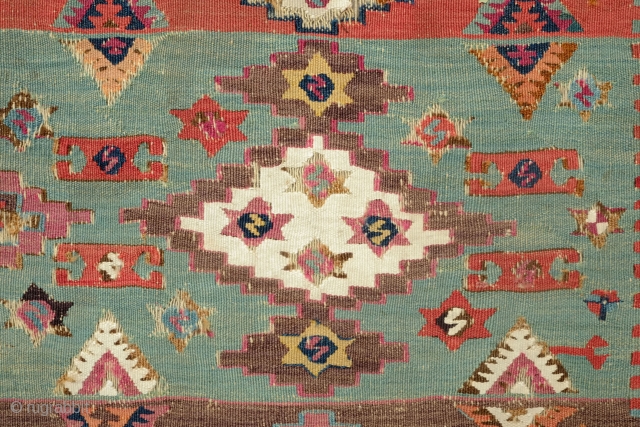 Adana-Aleppo Kilim, 2nd to 3rd Quarter of the 19th Century.  Thin weave. Excellent colors: Greens, purples, indigo, cochineal, Turkey red-like red.  Absolutley wonderful side borders of meandering vines and flowers.  ...