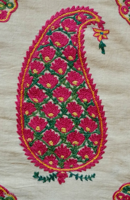 Gujarati Shawl End Panel, late 19th Century.  Silk on fine cotton ground with a fine cotton backing.  Incredible colors.  Botehs filled with floral motifs between architectural pillars and pillar  ...