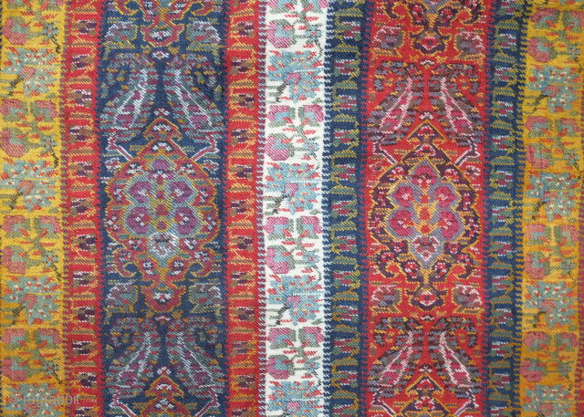Kerman shawl, 19th century. Very fine weave. Exquisitely articulated floral medallions and botehs. Perfect condition. 120 x 140 cm. Contact danauger@tribalgardenrugs.com