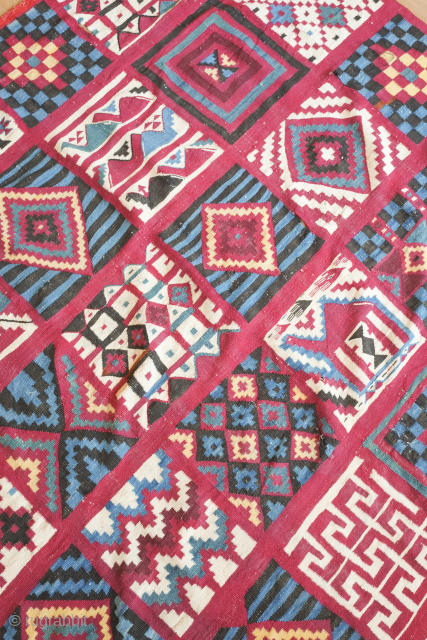 Tunisian Gafsa Berber kilim/blanket, early 20th century. Excellent colors which appear to be all natural. Wonderful camel and human figures as well as evocative geometric forms. The weaving is very thin as  ...