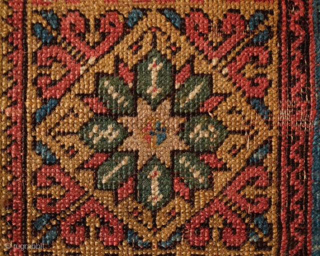 Mudjur prayer rug, late 18th or early 19th century.  Wonderful green above the mihrab.  Small crosses appear in the diamonds in the inner border. Already professionally mounted on linen. 114  ...