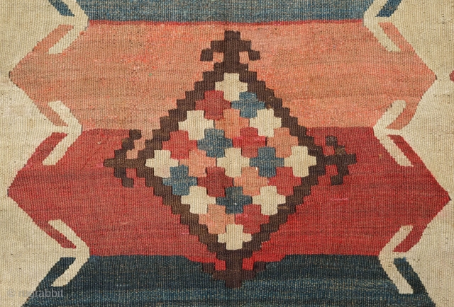 Tajik Arab Kilim, Late 19th century to 1900s. Wonderful colors and design with a central column of stacked cartouches flanked with arrows on either side. Sturdy construction in all wool with dark  ...