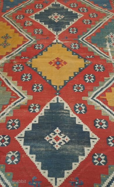 Qashqa'i kilim, probably mid-19th century.  Excellent colors.  Some wear but complete. Mounted on cotton backing.  162 x 313 cm. Happy New Year!  Contact danauger@tribalgardenrugs.com     