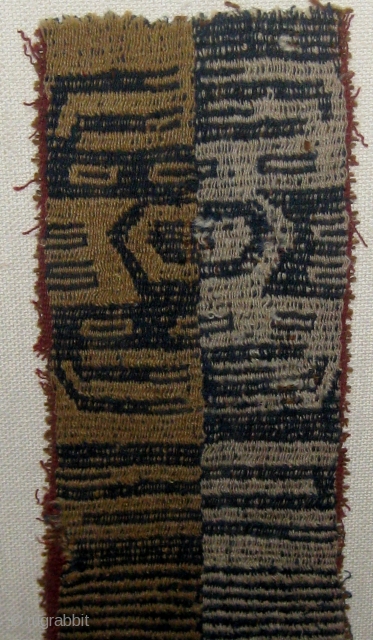 Pre-Columbian textile fragment, framed, probably Chancay, 11" by 25" in its frame, 4" by 17" textile alone.  Please ask for additional photos if needed.        