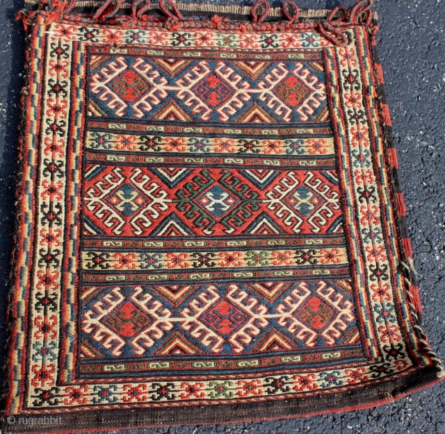 Antique Caucasian Karabagh (Qarabagh) soumak (soumac, sumac) half khorjin, 19th century, complete with striped flat-woven back.  All dyes natural.  Please ask for additional photos if needed.     