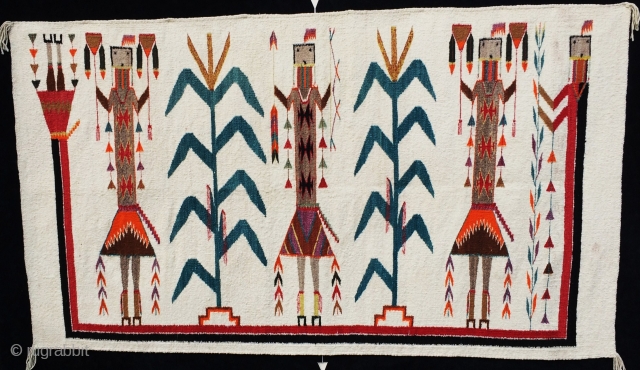 Antique Navajo Yei, Shiprock area, Mid-century, excellent condition, wonderful iconography including rainbow goddess, bows and arrows, etc.  36" by 62".  Please ask for additional photos.      