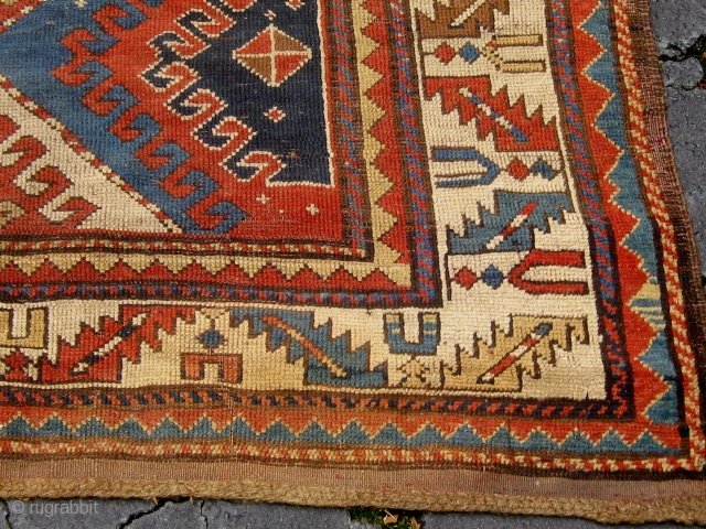Fresh from a local estate, an antique Caucasian long rug, all natural dyes, 8'9"by 4'5", with some condition issues that will require some restoration as seen in photos.  This rug is  ...