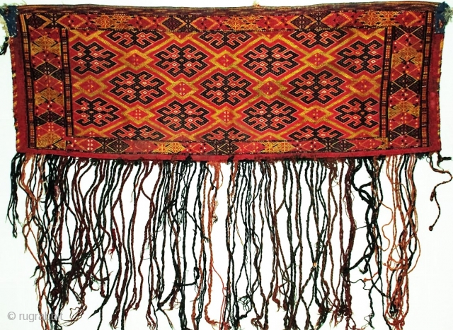 Antique Ersari Turkmen brocaded torba with a lot of silk--at least three colors including mauve, lemon, and the pale green that forms the main lattice design (see last photo).  Complete with  ...
