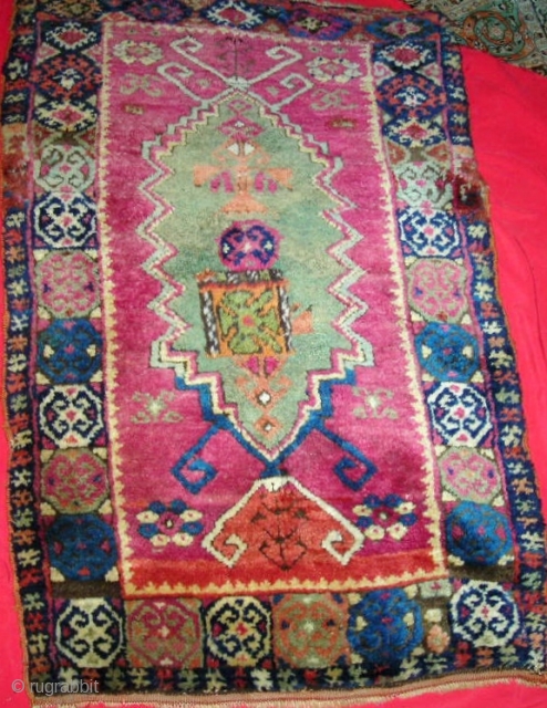 Unusual Anatolian (Kurdish?) large yastik, 19th century, beautiful colors, fleecy wool with original flat weave on both ends, selvages partially original, with an unfortunate but replaceable 4" by 5" patch roughly in  ...